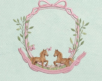 Tweelingpaarden bloemenlijst, vintage ponykrans babymeisje borduurontwerp, instant download zomertijd