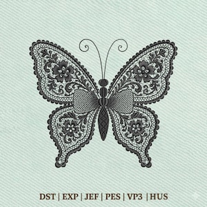 May include: Black lace butterfly design with intricate floral patterns on a light blue background. The butterfly has detailed wings and a bow-tie shaped body. The image includes the text: DST | EXP | JEF | PES | VP3 | HUS.
