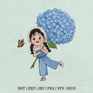 Puede incluir: Diseño bordado de una niña de dibujos animados en mezclilla azul sosteniendo una gran flor de hortensia azul. Una mariposa colorida revolotea cerca. El diseño incluye el texto "DST | EXP | JEF | PES | VP3 | HUS".