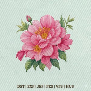 Può includere: Ricamo di un fiore di peonia rosa con centri gialli e foglie verdi su sfondo azzurro. L'immagine include un bocciolo floreale. La parte inferiore dell'immagine include il testo: DST | EXP | JEF | PES | VP3 | HUS.