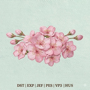 Może przedstawiać: Haftowany wzór różowych kwiatów wiśni z żółtymi środkami i zielonymi łodygami. Kwiatowy wzór umieszczono na jasnoniebieskim, teksturowanym tle. Obraz zawiera tekst "DST | EXP | JEF | PES | VP3 | HUS".