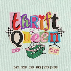 Compras de segunda mano de Thrift Queen, diseño de bordado con cita de moda, descarga instantánea Dst Pe