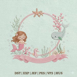 Mermaid Cute Whale Ocean Frame, Under The Sea Monogram, Embroidery Design, Instant Download Dst Pe
