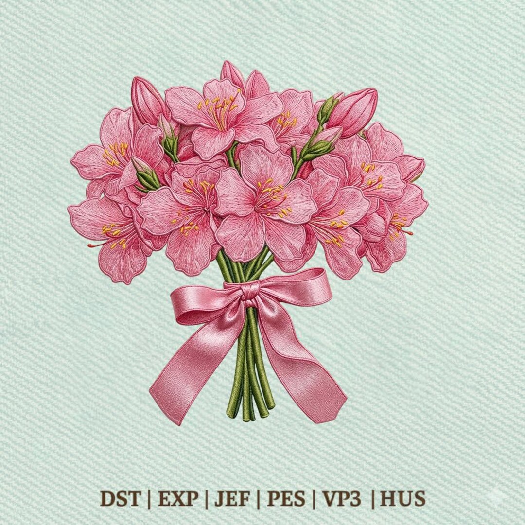 Pink Flower Bouquet, Floral Ribbon Bow, Romantic Flowers Embroidery ...