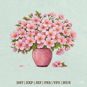 May include: A digital illustration of a pink vase filled with pink cherry blossoms and green leaves. A small cluster of flowers sits to the right of the vase. The background is a light teal color. The bottom of the image contains text.
