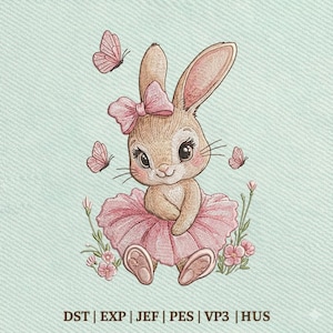 Può includere: Design ricamato di un simpatico coniglietto con tutù e fiocco rosa, circondato da farfalle e fiori rosa. Il coniglietto ha grandi occhi e baffi. Il design è su uno sfondo verde acqua chiaro.