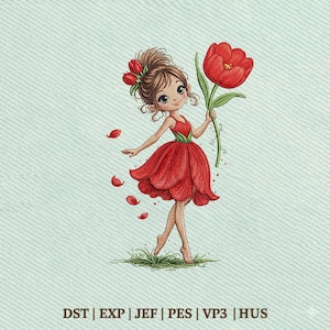 チューリップを持ったかわいい女の子、花柄の子供向け刺繍デザイン、即時ダウンロード Dst Pe