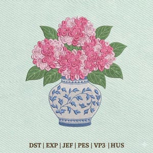 May include: An embroidered design of pink hydrangeas in a blue and white vase. The vase has a detailed floral pattern. Green leaves surround the flowers. The background is a light teal color. The image includes text at the bottom.