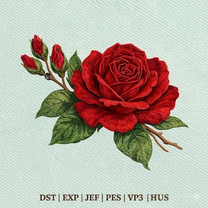 Realistyczny wzór haftu "Czerwona róża z pąkami i liśćmi", natychmiastowe pobranie Dst Pe