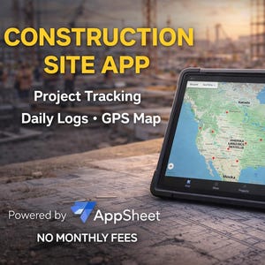 以下が含まれることがあります： 北米の地図を表示するタブレット。黄色で「CONSTRUCTION SITE APP」と表示。プロジェクト追跡、日報、GPSマップ機能を提供。AppSheetを搭載し、月額料金なし。