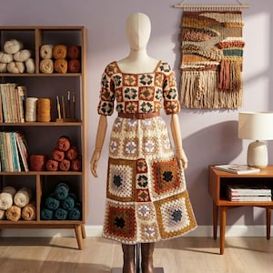 May include: A handmade crochet dress in a patchwork design, featuring squares of brown, beige, and rust colors. The dress has short sleeves and a square neckline, cinched at the waist with a brown belt. The mannequin is wearing brown boots.