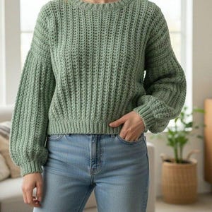 Willow Puff Sleeve Crochet Sweater Pattern – Chunky Ribbed Pullover (PDF Pattern)