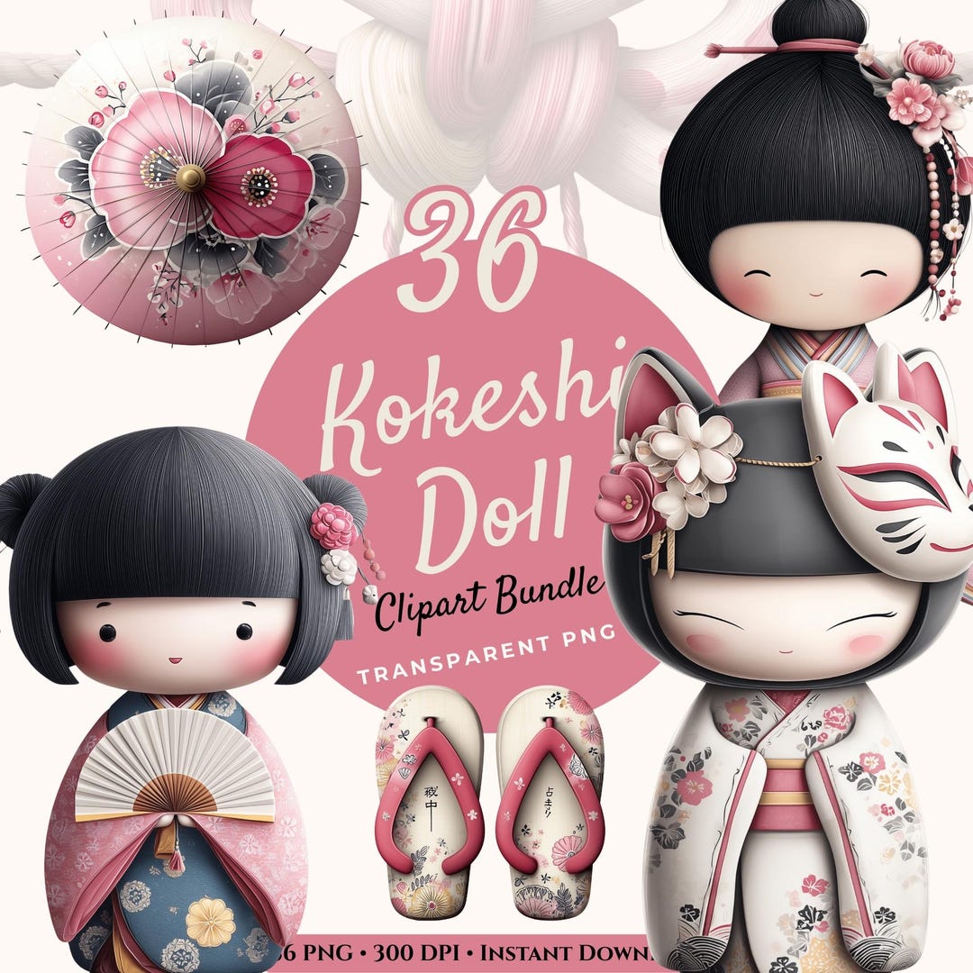 36 Kokeshi Doll Clipart, Japanese Kimono Girl Graphics, Lacquered Art ...