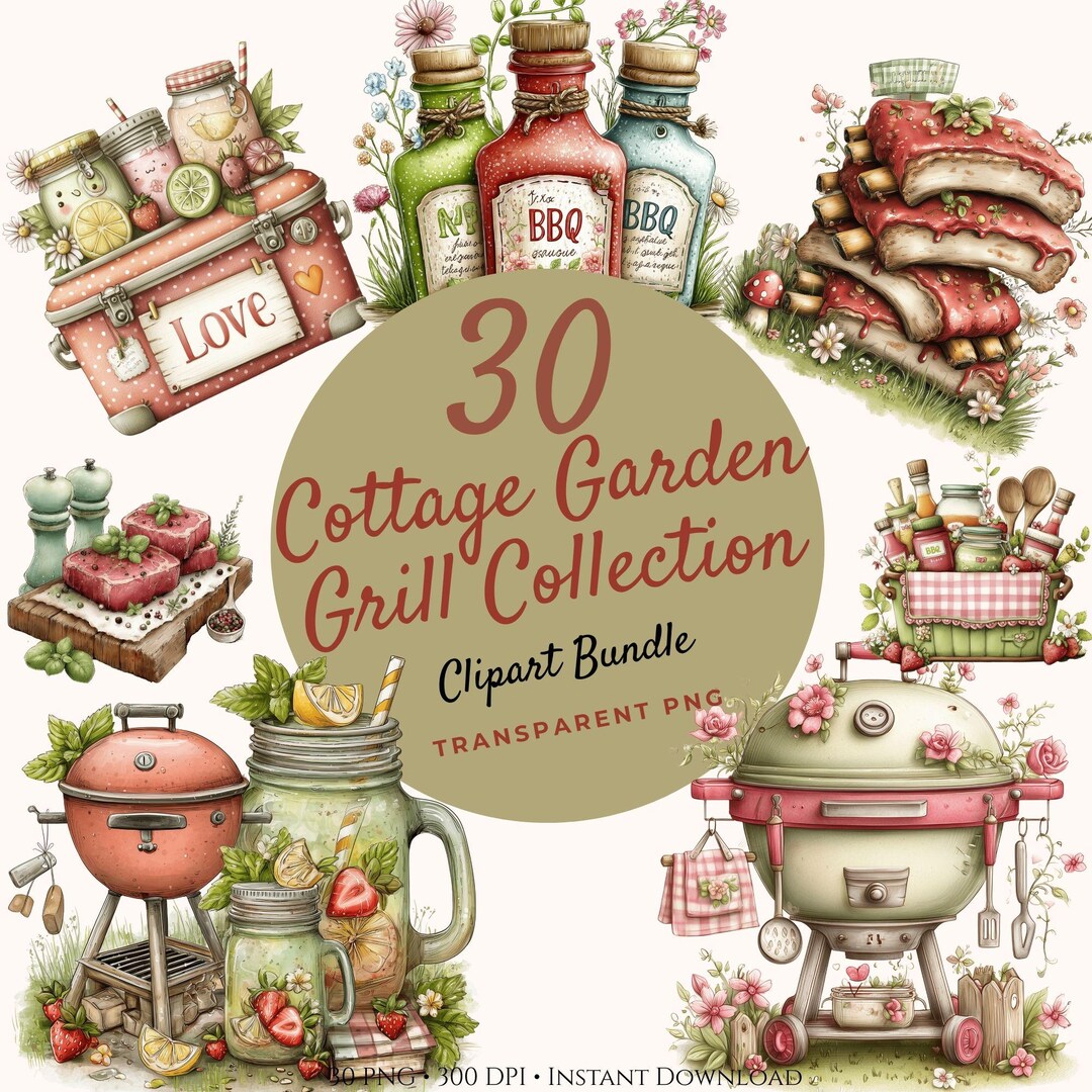 Cottage Garden BBQ Clipart Bundle – Whimsical Summer Grill Watercolor ...
