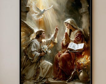 Annunciation Wall Art, Virgin Mary Angel Gabriel Print, Catholic Christian Painting, Religious Digital Download, Vintage Oil Painting Style