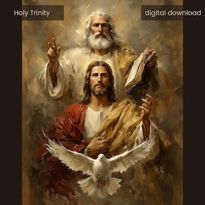 May include: Digital download art print depicting the Holy Trinity. The image features three figures: an older man with a white beard, a man with long brown hair, and a white dove. The text "Holy Trinity" and "digital download" are present.