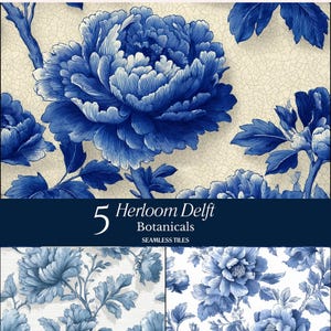 May include: Seamless tile designs featuring blue floral patterns on a cream background. The image showcases large, detailed peony blooms and foliage in a classic Delftware style. The text reads "5 Herloom Delft Botanicals SEAMLESS TILES."