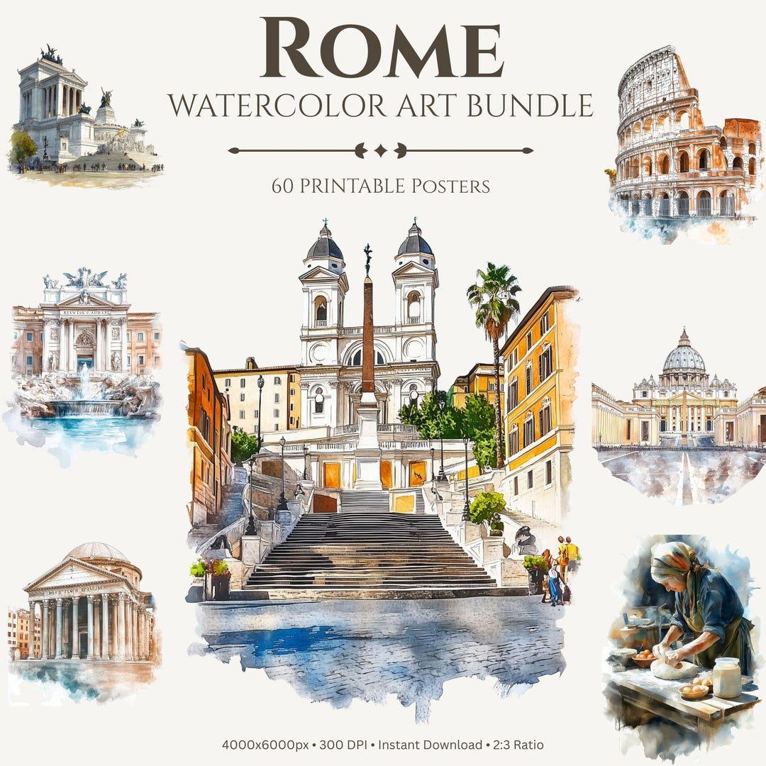 Rome Watercolor Art Bundle – 60 Printable Travel Posters, Italian Wall ...