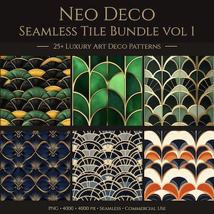 May include: A digital art bundle featuring six Art Deco seamless tile patterns. The designs showcase fan and geometric shapes in various color schemes, including black, gold, green, and blue. The text "NEO DECO SEAMLESS TILE BUNDLE VOL 1" is at the top.