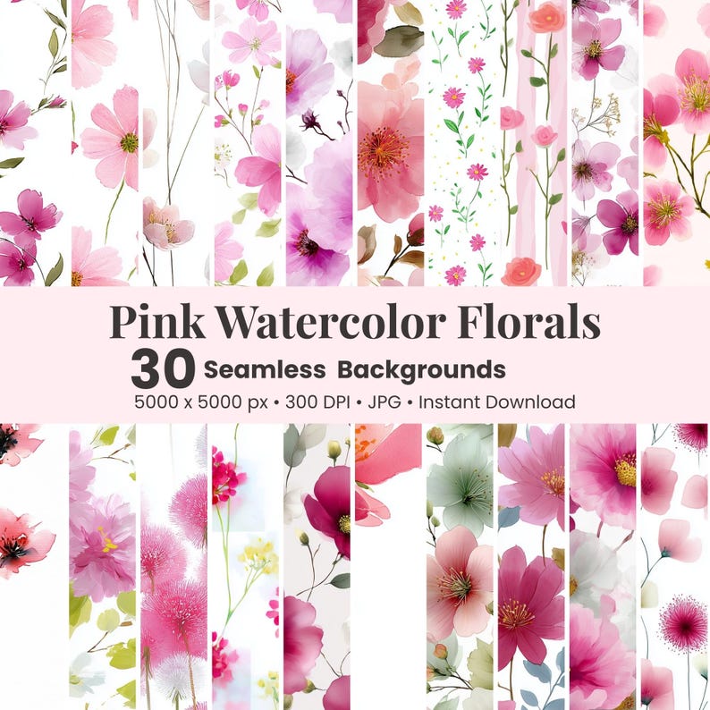 Pink Watercolor Floral Printable Paper Seamless JPG Shabby Chic Digital ...