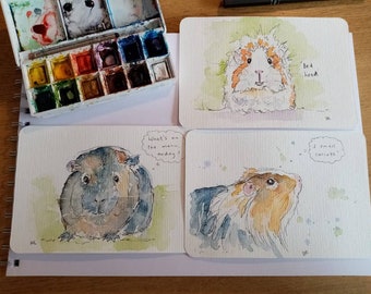 Guinea pig art watercolour postcards. Set of 3 originals