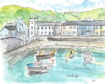 Carnlough Co Antrim pen and watercolour illustration PRINT. Unframed.