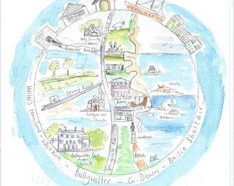 Ballywalter map. Original pen and watercolour illustration. A4 size.