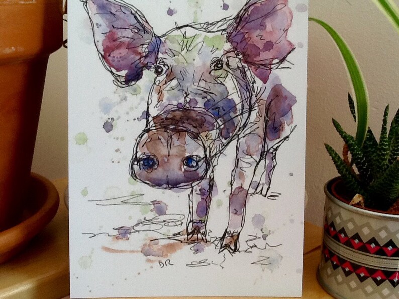 pen and watercolour print quirky style letterbox friendly gift A5 pig line drawing postcard farm animal art to frame art card