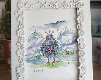 Norwegian Pigeon hand drawn fun watercolour illustration. Original painting. Framed. 18x22cm