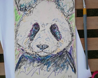 Original panda oil pastel drawing unframed