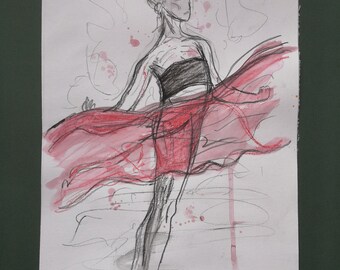 Ballet dancer original figure drawing watercolour study. A4 size.