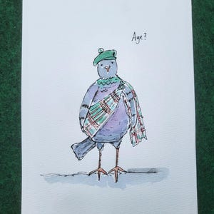 May include: A watercolor illustration on white paper depicting a grey bird wearing a green tam o' shanter hat and a green, red, and white plaid sash pinned with a brooch. The bird has thin orange legs and the text Aye? is written above it.