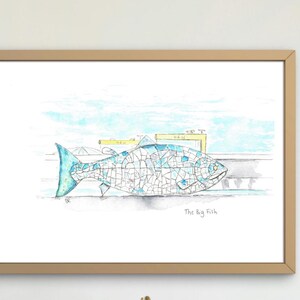 A4 Big Fish Belfast Salmon of Knowledge Sculpture hand drawn watercolour illustration print unframed