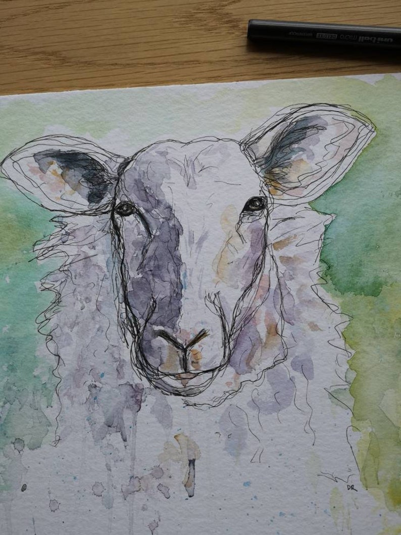 Peinture à l'aquarelle de moutons. Oeuvre originale. PRIX DE LIQUIDATION image 2