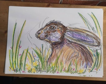 Hare oil pastel drawing. A3 size original artwork.