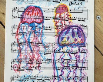 Jellyfish oil pastel original painting on vintage sheet music. 21x31cm.