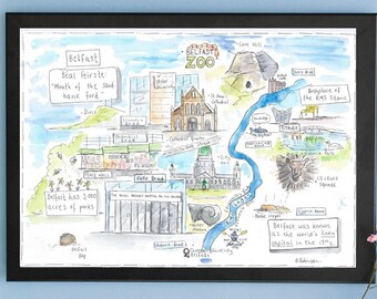Belfast map hand drawn illustrated pen and watercolour print. Unframed.