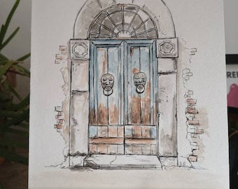 Old door original pen and watercolour illustration.