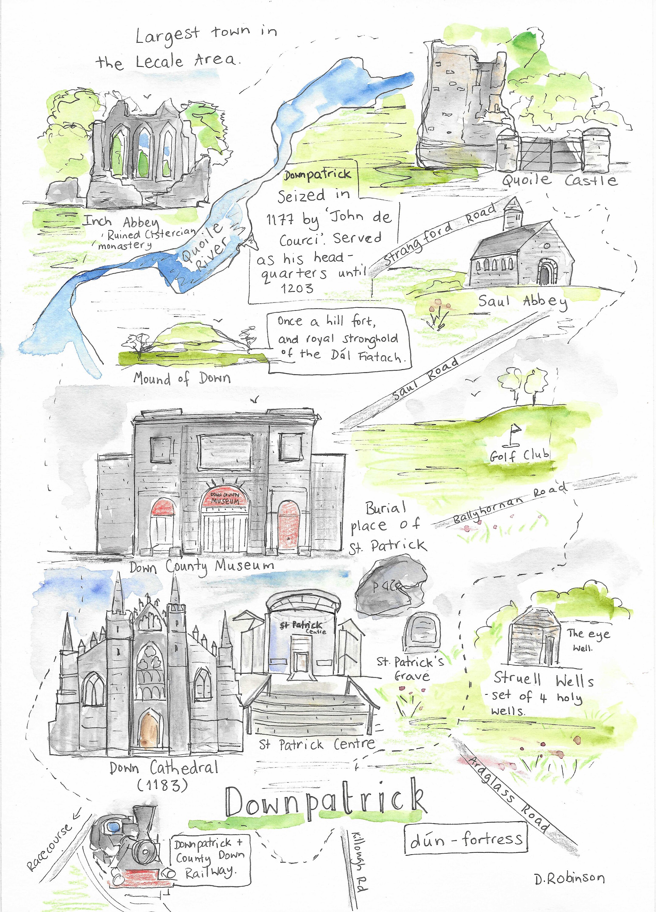 Downpatrick Co Down Illustrated Map. Print. A4/A3 - Etsy