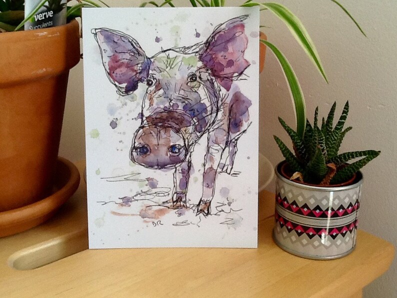 pen and watercolour print quirky style letterbox friendly gift A5 pig line drawing postcard farm animal art to frame art card