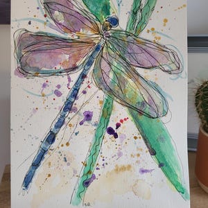 Dragonfly watercolour and pen abstract painting. A4 size original.