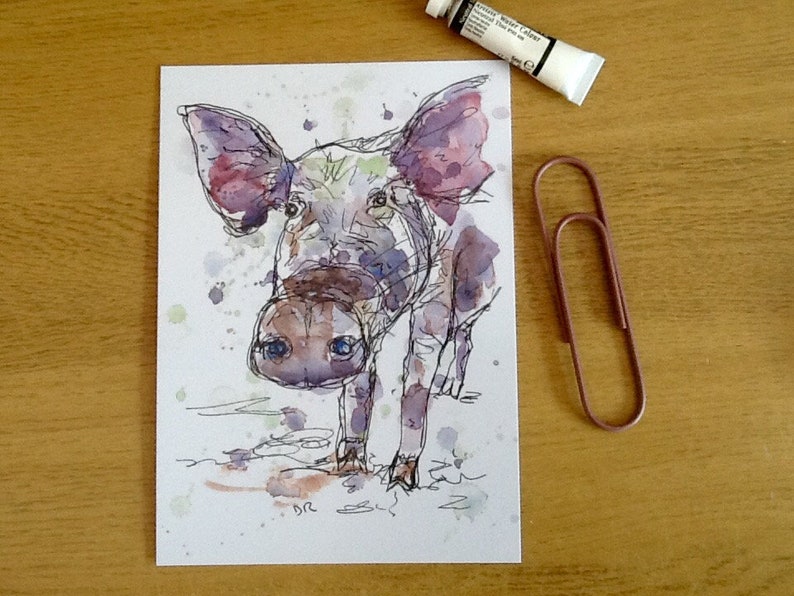 pen and watercolour print quirky style letterbox friendly gift A5 pig line drawing postcard farm animal art to frame art card