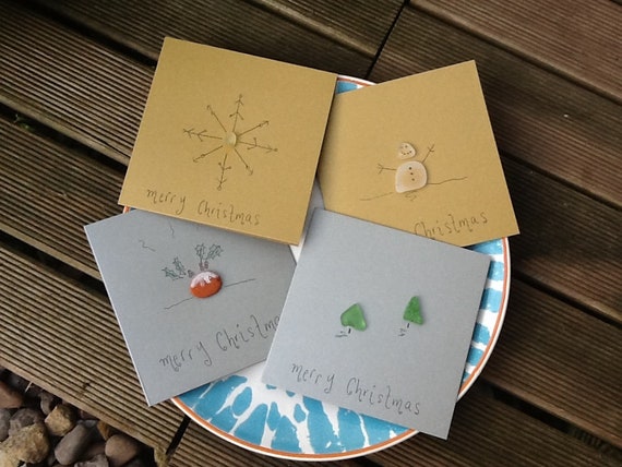 4 Sea glass Christmas cards pebble art card pack small cards gold silver metallic Christmas pudding Christmas tree snowman snowflake card