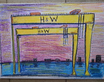 Original Harland and Wolff Belfast oil pastel drawing. A3 size