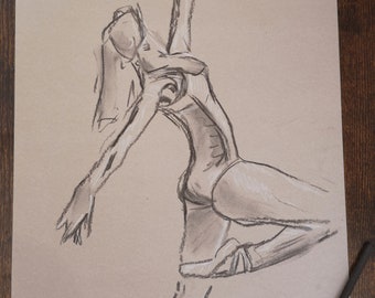 Balletdanser handgetekende originele figuurtekening houtskoolstudie. A4-formaat.