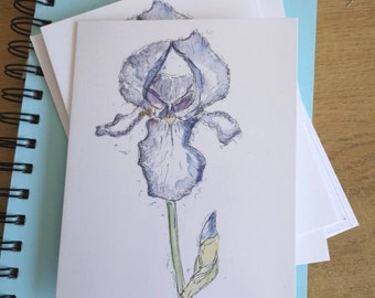 Carte de peinture de fleurs d'iris, carte imprimée à l'aquarelle. Format A6