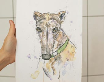 Brindle greyhound sighthound art watercolour painting print. Unframed