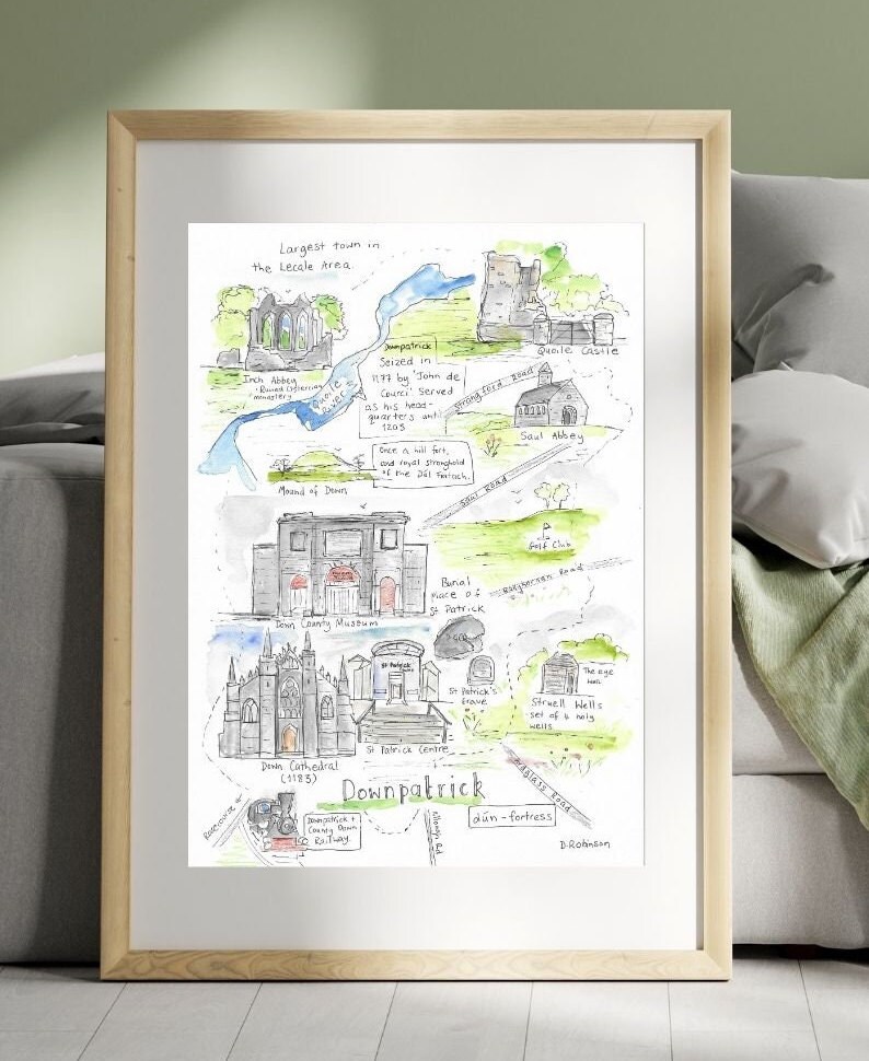 Downpatrick Co Down Illustrated Map. Print. A4/A3 - Etsy