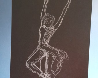 Ballerina original drawing in white pencil. A4 size. Continuous line.