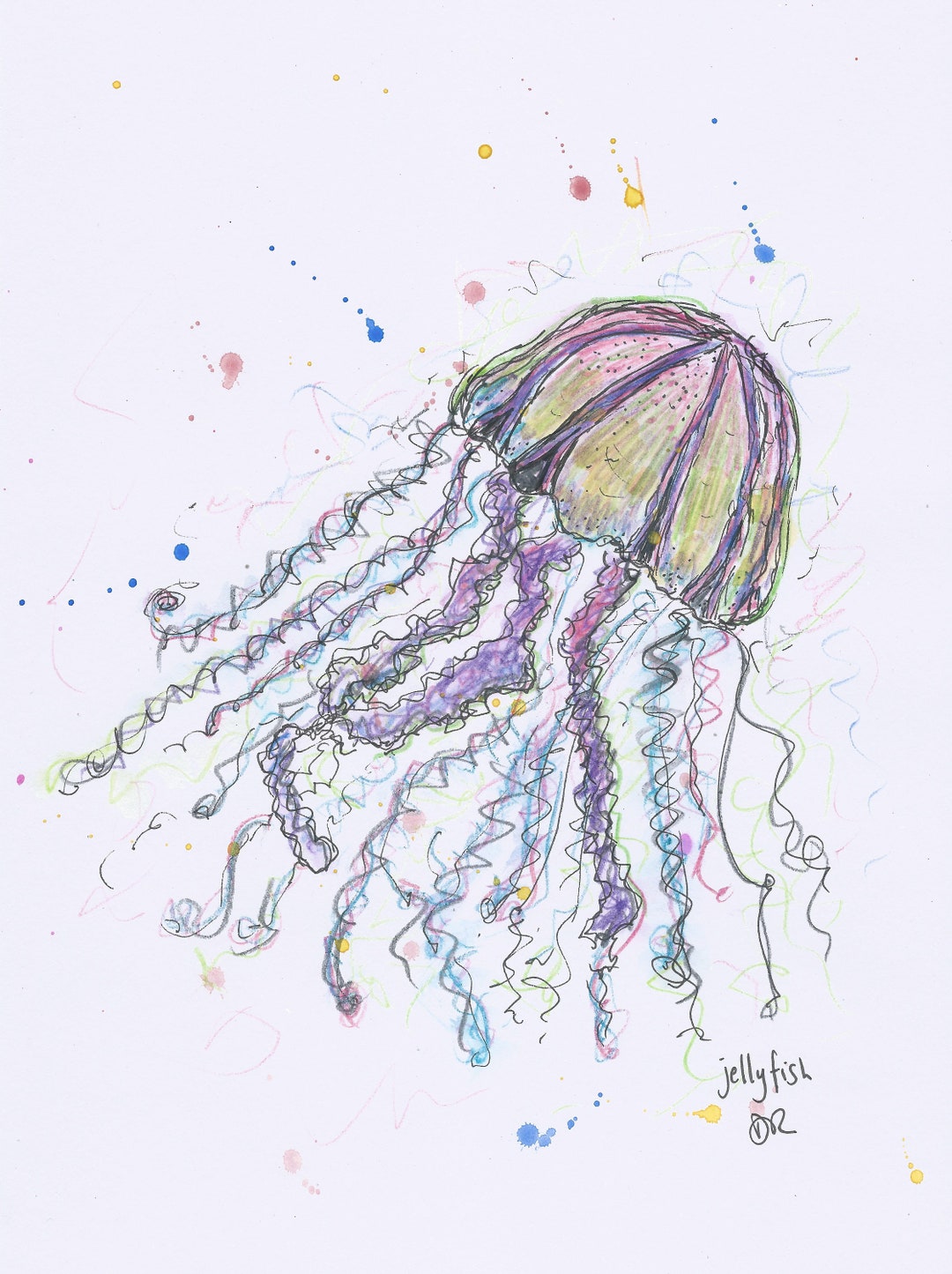Jellyfish drawing. Pen and watercolour pencil. A4 size. Etsy Nederland